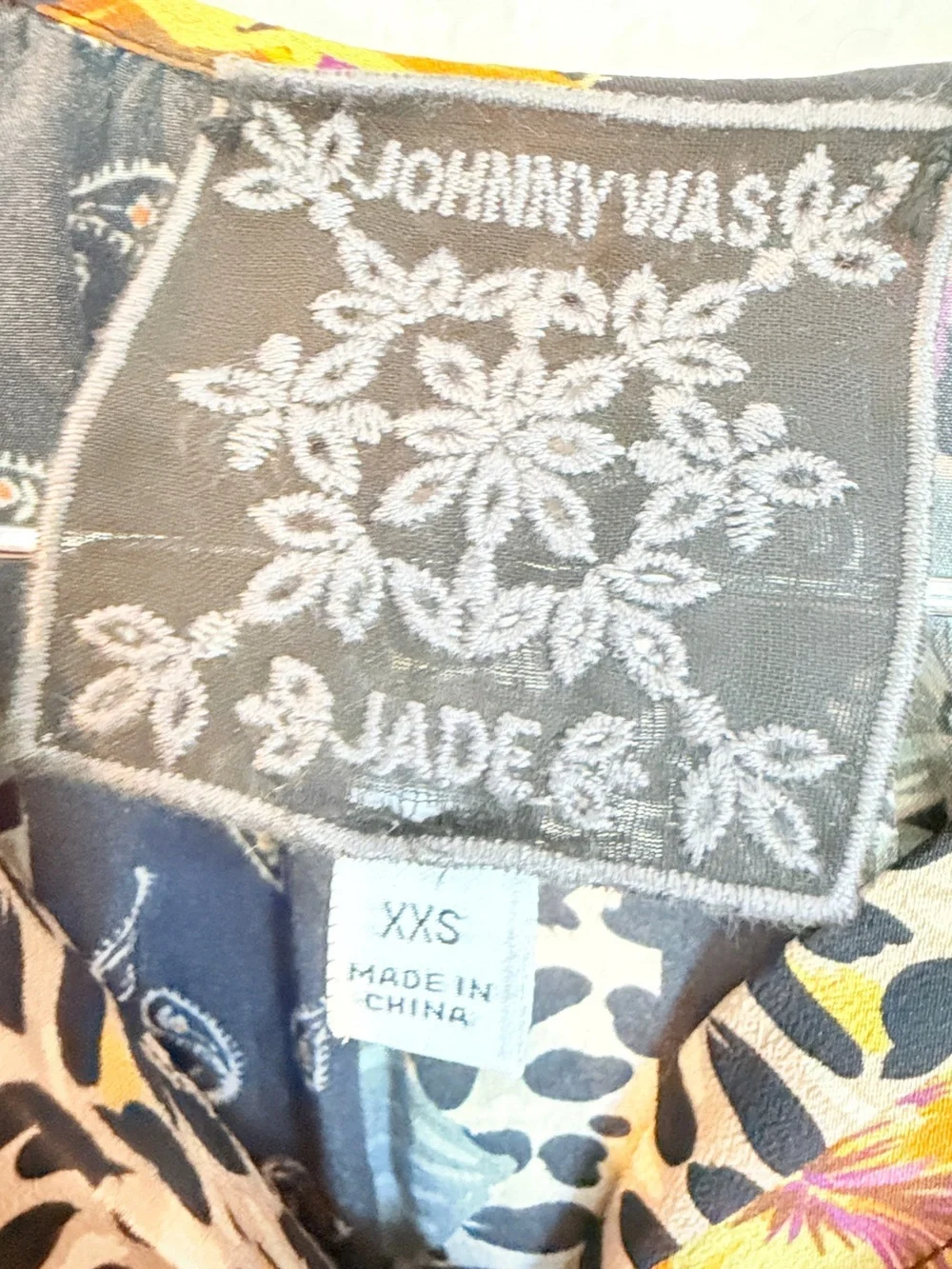 Johnny Was Jade Silk Floral Leopard Patchwork Boho Peasant Blouse XXS